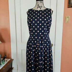 Tahari Navy and Taupe Polka Dot Pleated Dress S-6